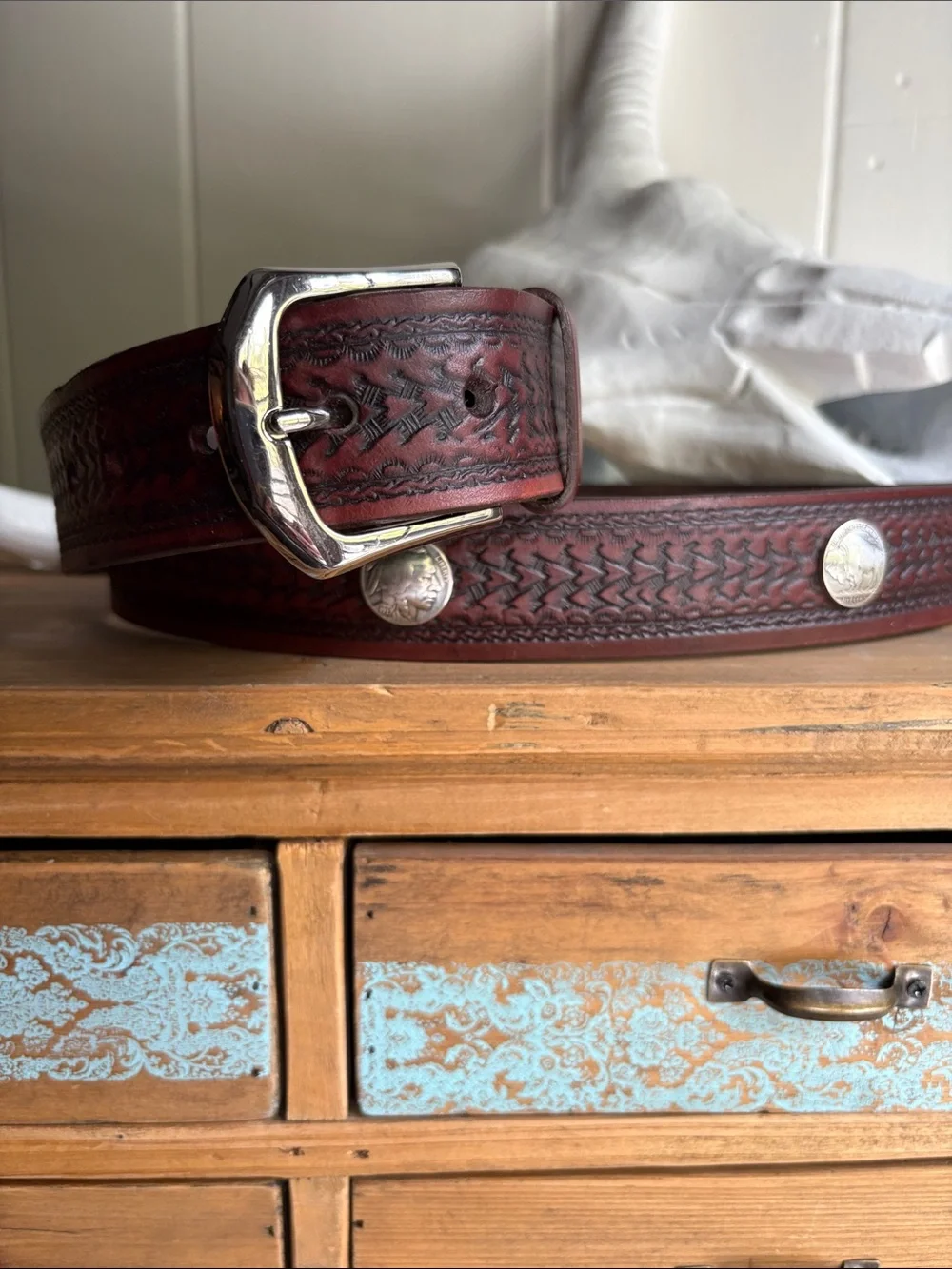 Hand-Tooled Brown Leather Men's Belt with Authentic Silver 5 cent nickel Conchos